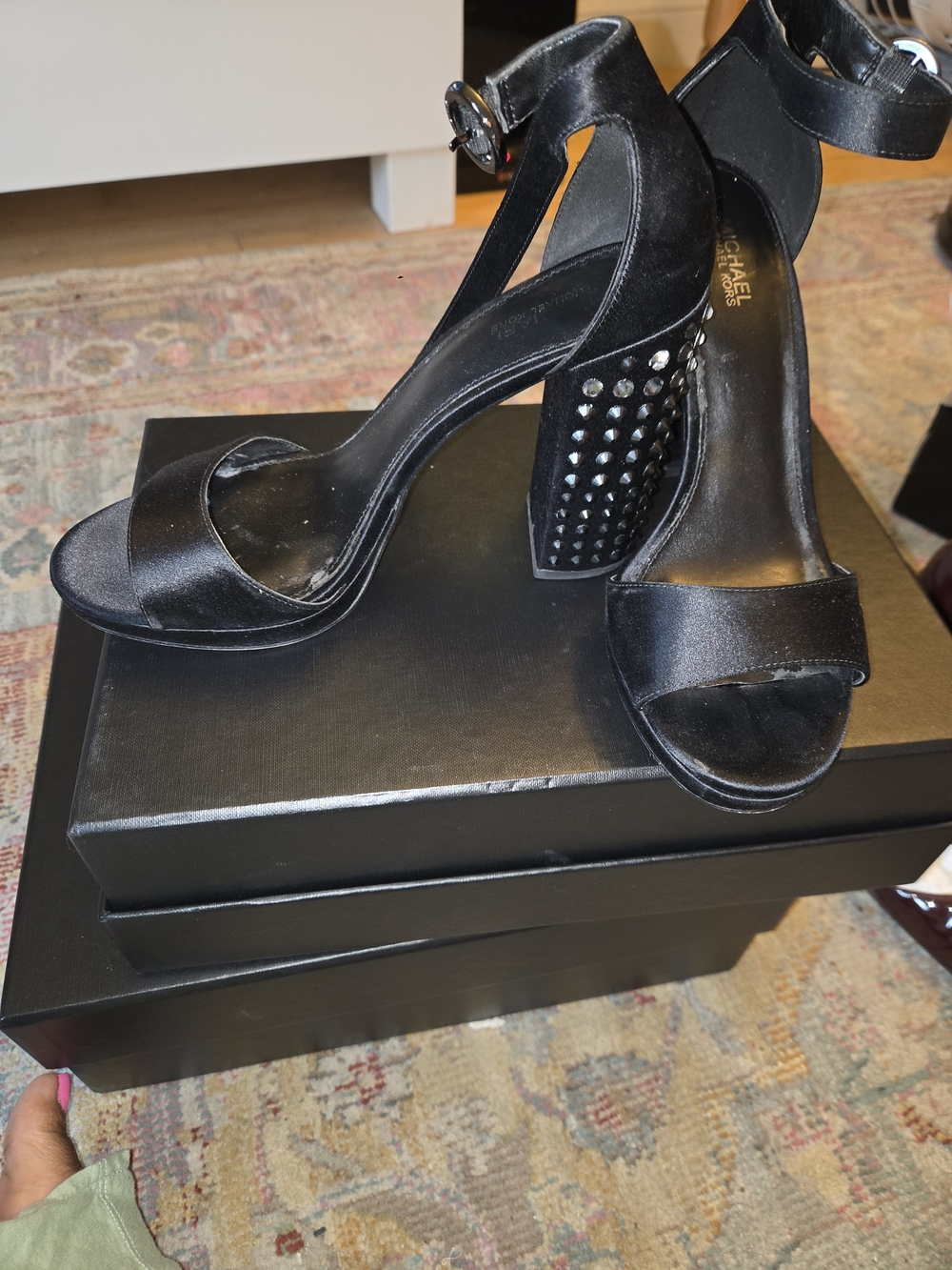 Michael Kors Black Satin Studded Block Heel Sandals